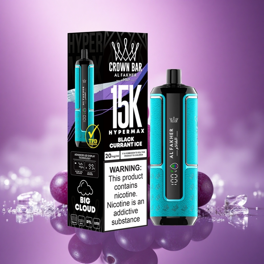 Al Fakher Crown Bar 15K Hypermax Melnā jāņoga ledus ar 22ml e-šķidrumu un 600mAh bateriju