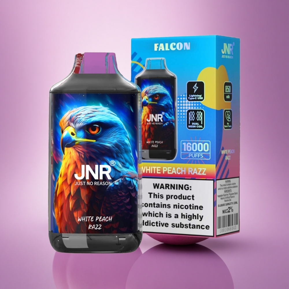JNR Falcon 16000 Baltā Persiku Aveņu Dual Mesh Coil 850mAh 22ml Nikotīns 0% 2%