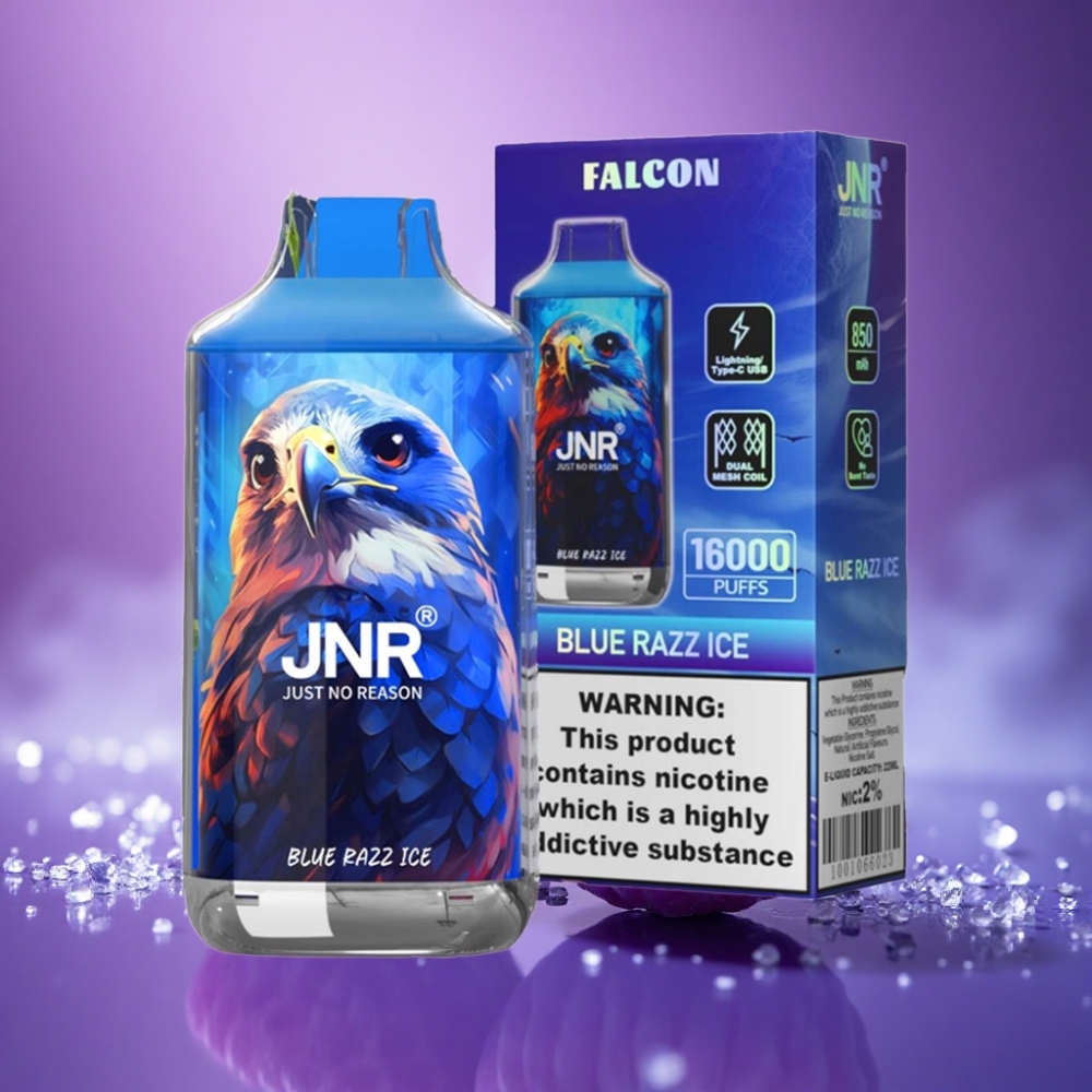 JNR Falcon 16000 Zilā Aveņu Ledus ar 850 mAh un 22ml e-šķidruma, Dual Mesh Coil, Type C & Lightning, Smart LED Display, 0% un 2% nikotīna saturs