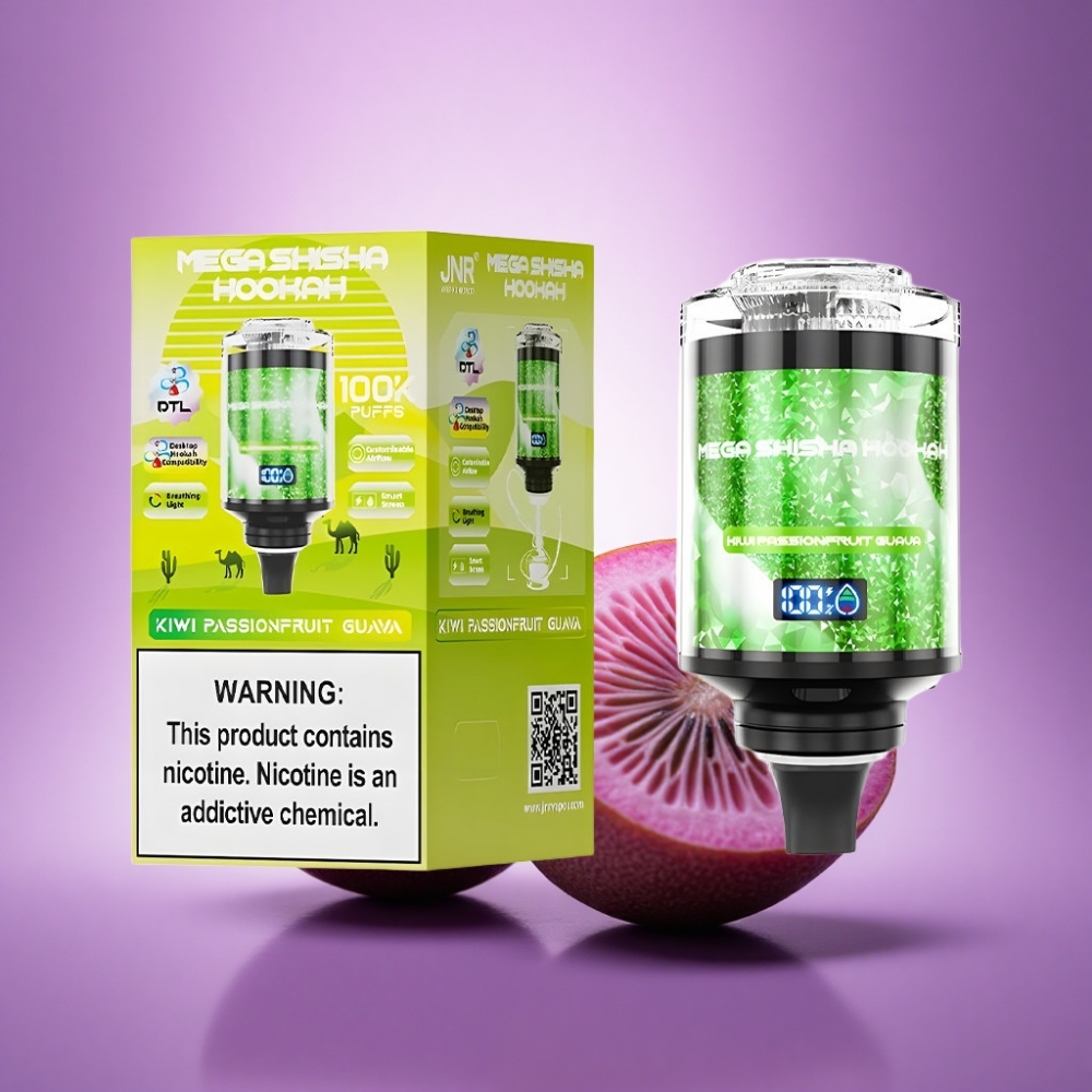 JNR Mega Shisha Hookah 100K Kivi Marakuģe Guava ar 2200mAh un 2% nikotīna