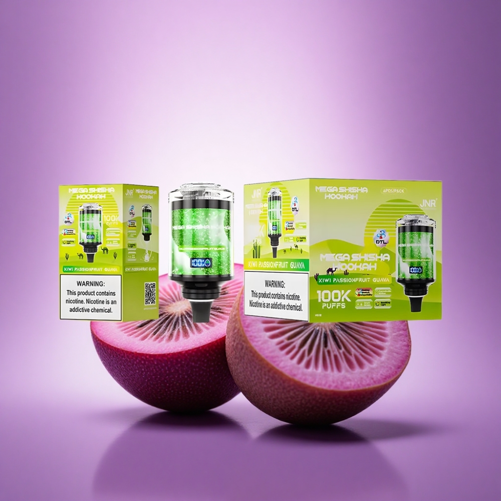 JNR Mega Shisha Hookah 100K Kivi Marakuģe Guava ar 2200mAh un 2% nikotīna