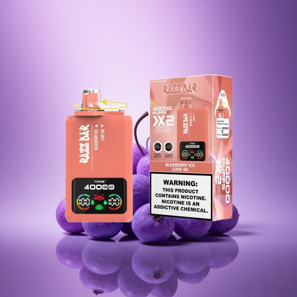 Razz Bar 40000 Puffs Mīlestība 66 - Krūmmelleņu Ledus ar 5% nikotīna un 650 mAh bateriju