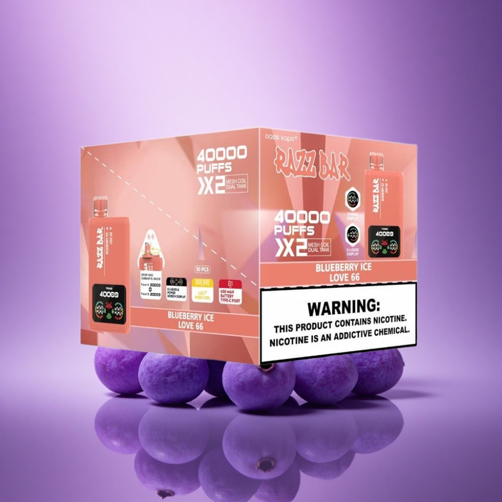 Razz Bar 40000 Puffs Mīlestība 66 - Krūmmelleņu Ledus ar 5% nikotīna un 650 mAh bateriju