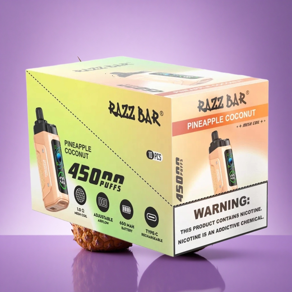 Razz Bar 45000 Puffs Ananāsu Kokosrieksts 1.0 Ohm Nikotīns 20 mg/ml