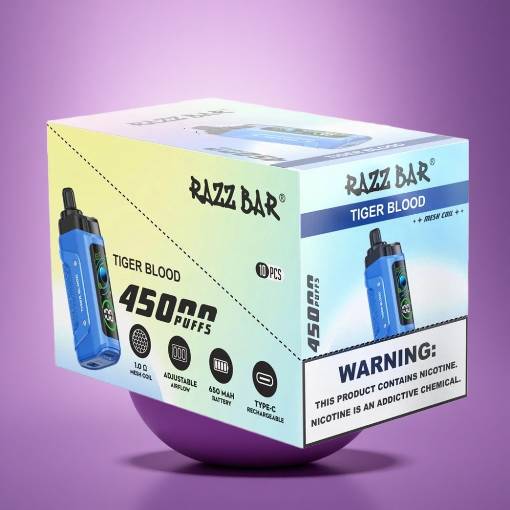 Razz Bar 45000 Puffs Tīģera Asinis 1.0 Ohm 650 mAh