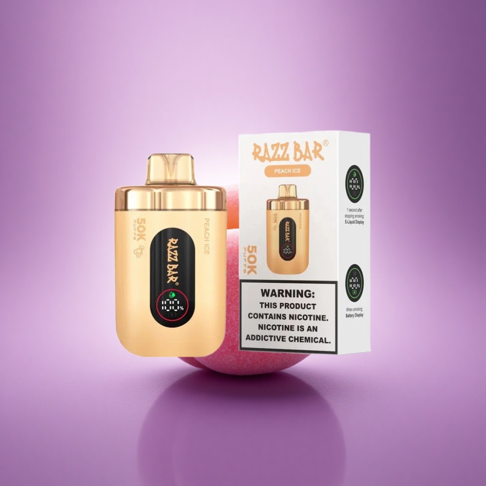Razz Bar 50K Puffs Persiku Ledus ar 2% nikotīna un 650 mAh bateriju