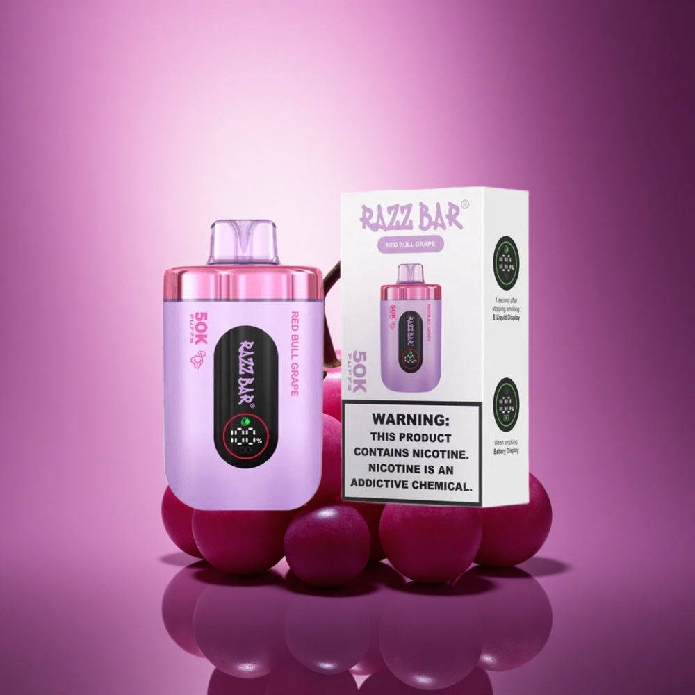 Razz Bar 50K Puffs Sarkanā Vērsa Vīnogas ar 650 mAh un 2% nikotīna saturu