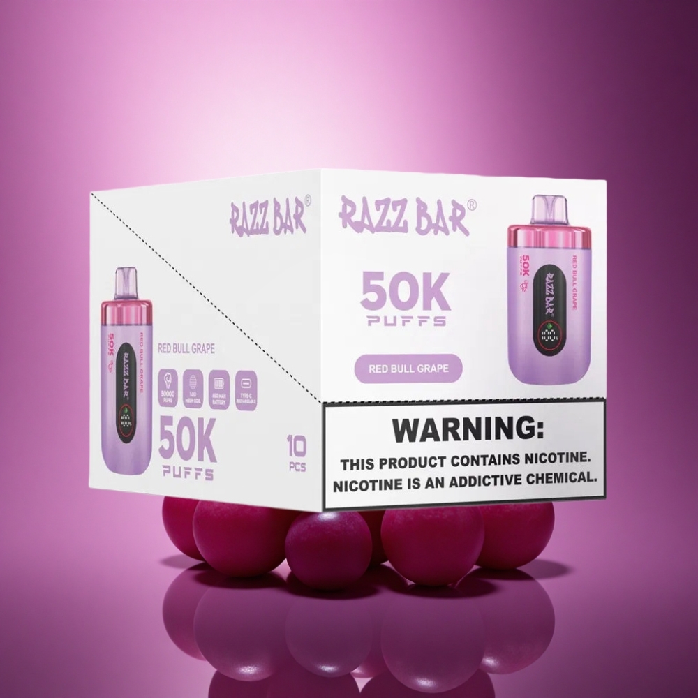 Razz Bar 50K Puffs Sarkanā Vērsa Vīnogas ar 650 mAh un 2% nikotīna saturu